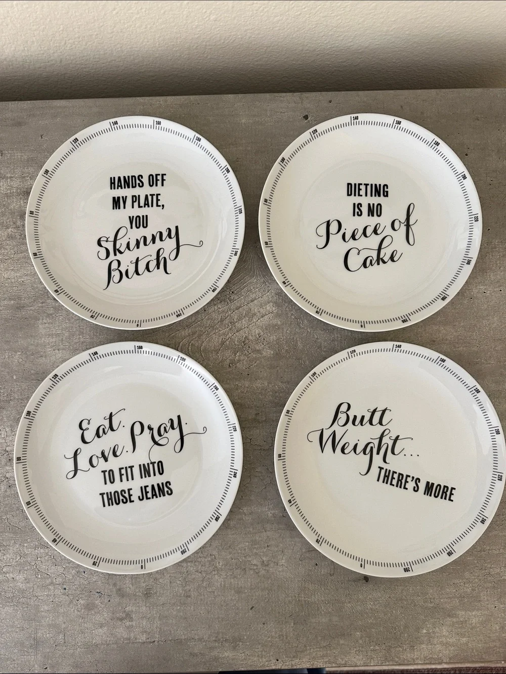 Z Gallerie White Porcelain “Wait For Dessert “ Set Of Four 7.5” Plates
